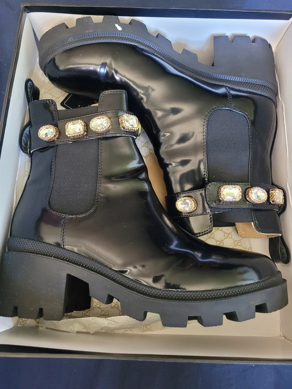 Gucci Black Patent Jewel-Embellished Chelsea Lug Boots